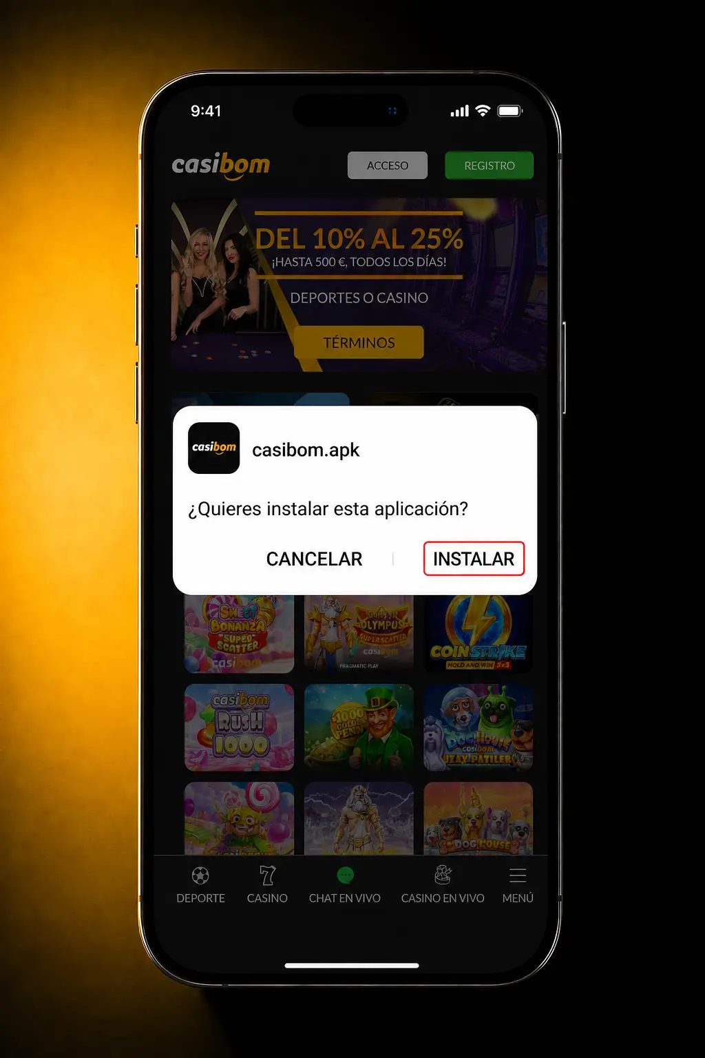 Descargá la app de Casibom para Android e instalá el casino y sportsbook desde el navegador Chrome.