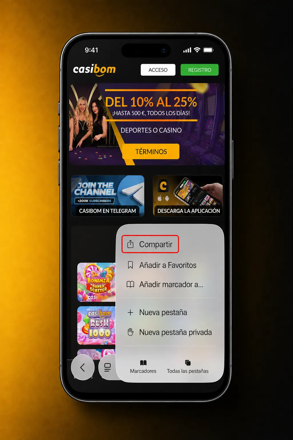 Pasos para descargar e instalar la app de Casibom en iOS desde Safari, agregándola a la pantalla de inicio